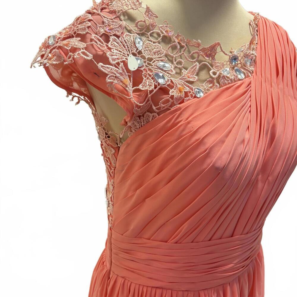 Grecian Coral Rhinestone Lace Pleated Gown Dress Short Sleeve Formal Bridesmaid - Picture 5 of 9